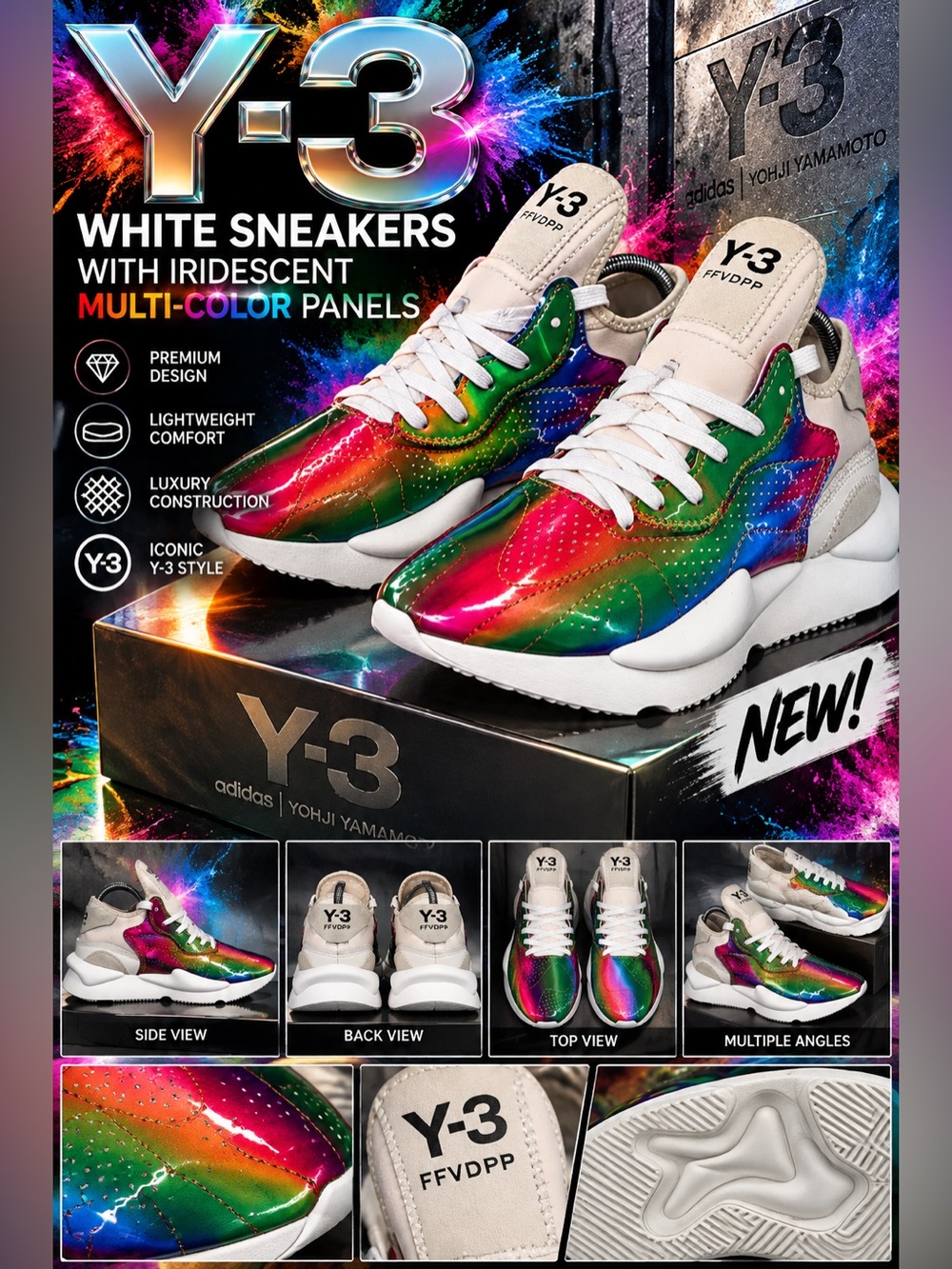 Y-3 White Sneakers with Iridescent Multi-Color Panels🔥New!